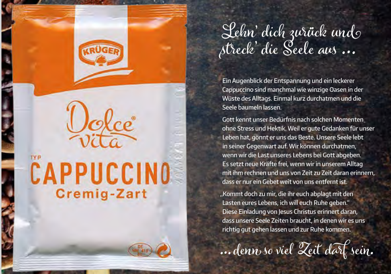 Cappuccino Karte. Soviel Zeit darf sein. Mit ermutigenden Worten.