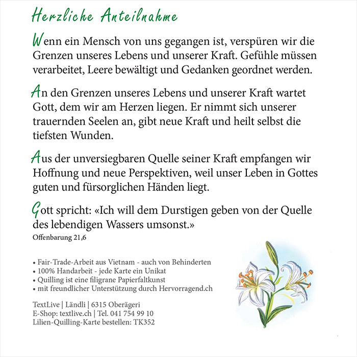Quilling-Karte - Lilien 'Herzliche Anteilnahme'