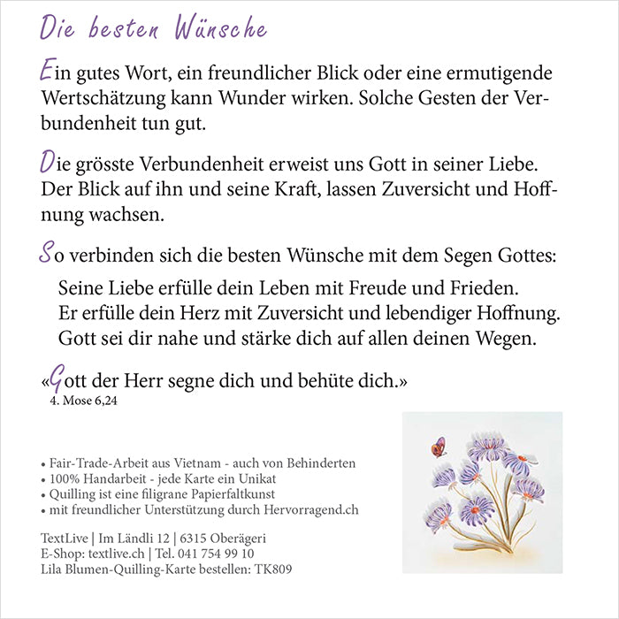 Quilling-Karte - Lila Blumen 'Die besten Wünsche'