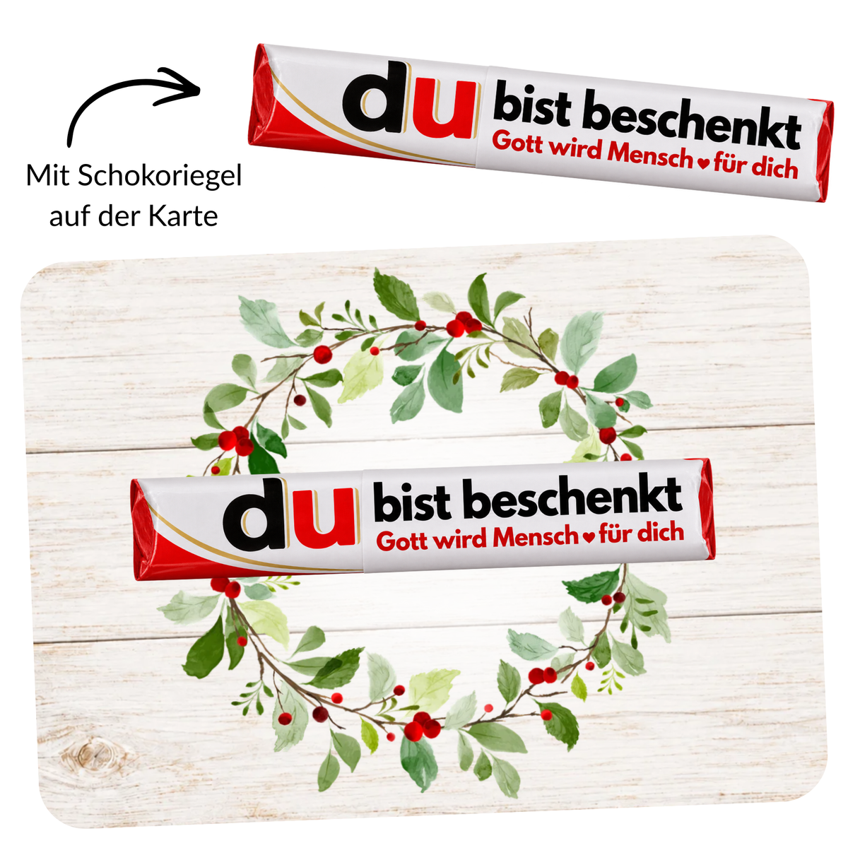 Karte mit Duplo-Schokolade "Du bist beschenkt - Gott wird Mensch für dich" - Lukas 2,14