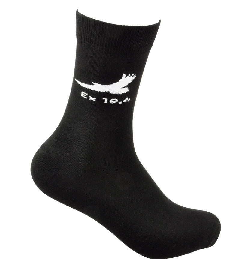 Socken schwarz - Grösse 37-41 - Text auf Socken: "getragen - Ex 19,4"