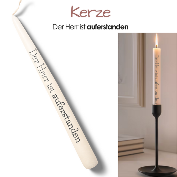 Kerze: der Herr ist auferstanden ist das passende christliche Geschenk für Ostern oder als kleine Ermutigung für den Alltag.