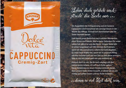 Cappuccino Karte. Soviel Zeit darf sein. Mit ermutigenden Worten.